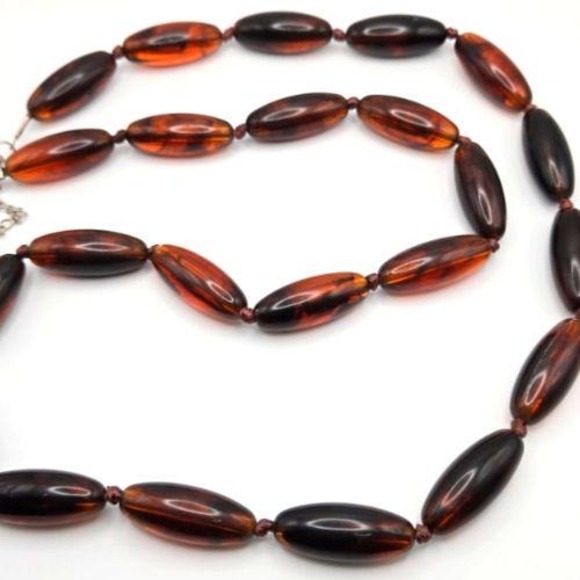 Vintage 1970s Tortoise Amber Colored Lucite‎ Bead Necklace 34" Knotted Oval - Picture 4 of 4